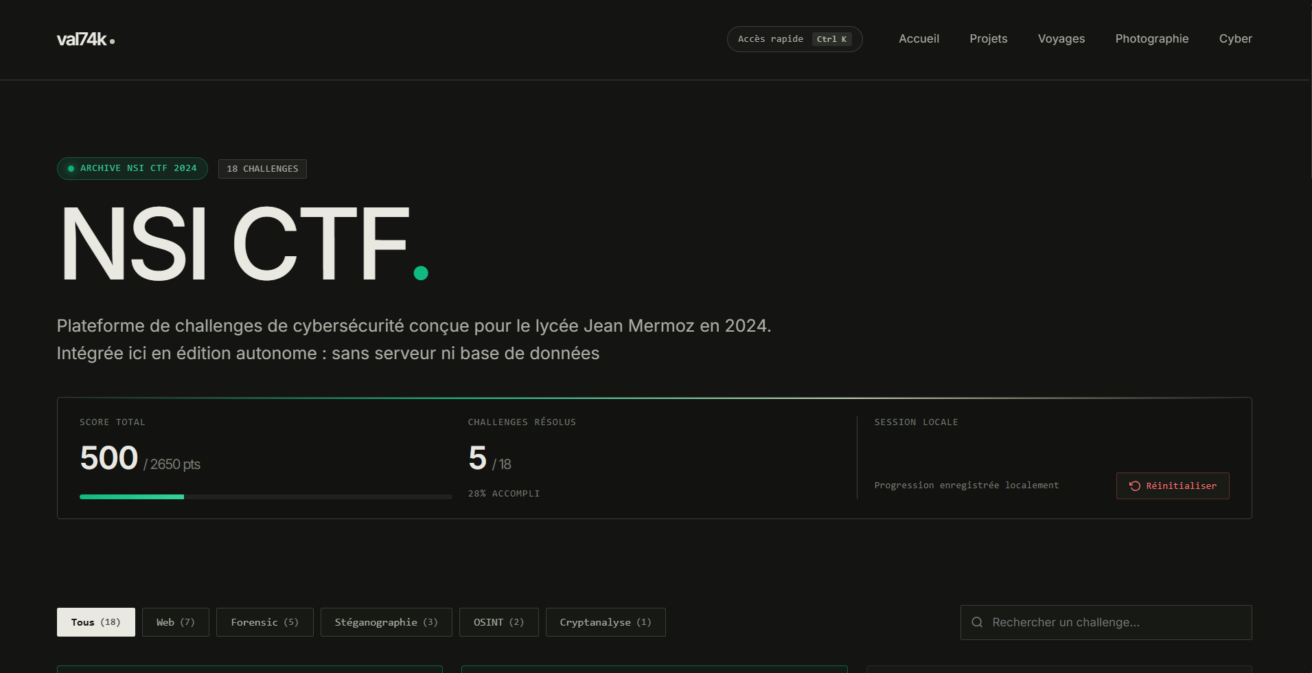 Plateforme de cybersécurité NSI CTF 2024 avec 18 challenges.